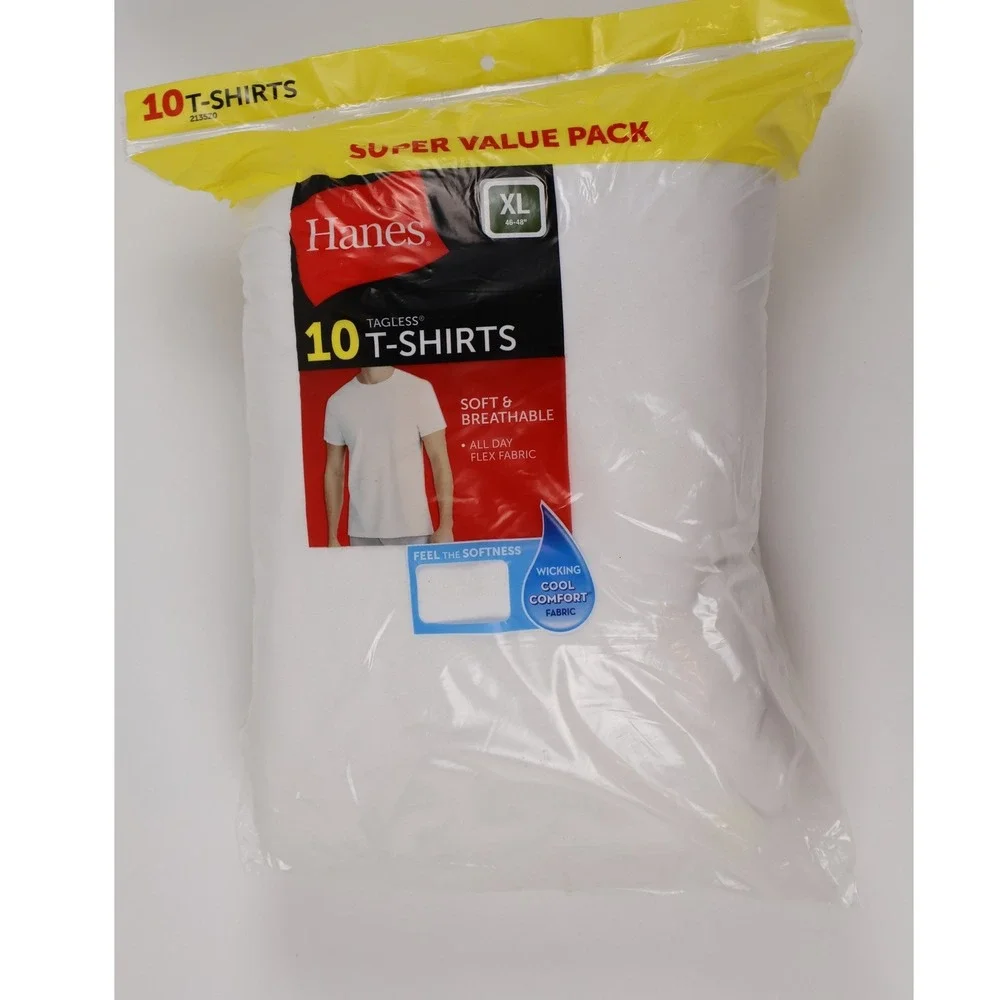 Hanes T-Shirts 10 Pack Tagless Crew Neck White Solid XL New